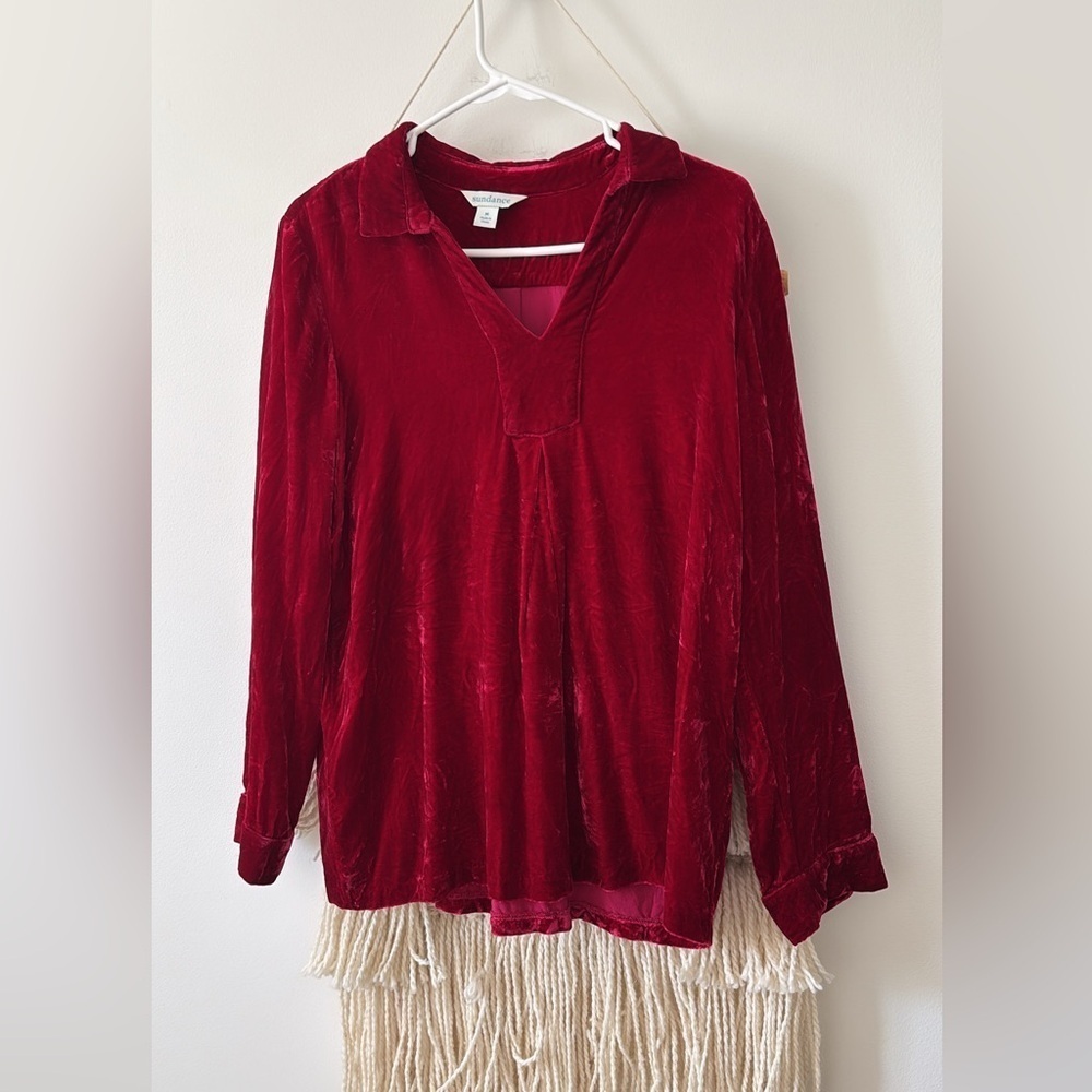 Sundance Silk Blend Velvet Nuance Collared Pullover Shirt Blouse Raspberry Red